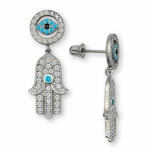 Real 14K Solid White Gold Evil Eye Hamsa Hand Screw Back Dangle Earrings